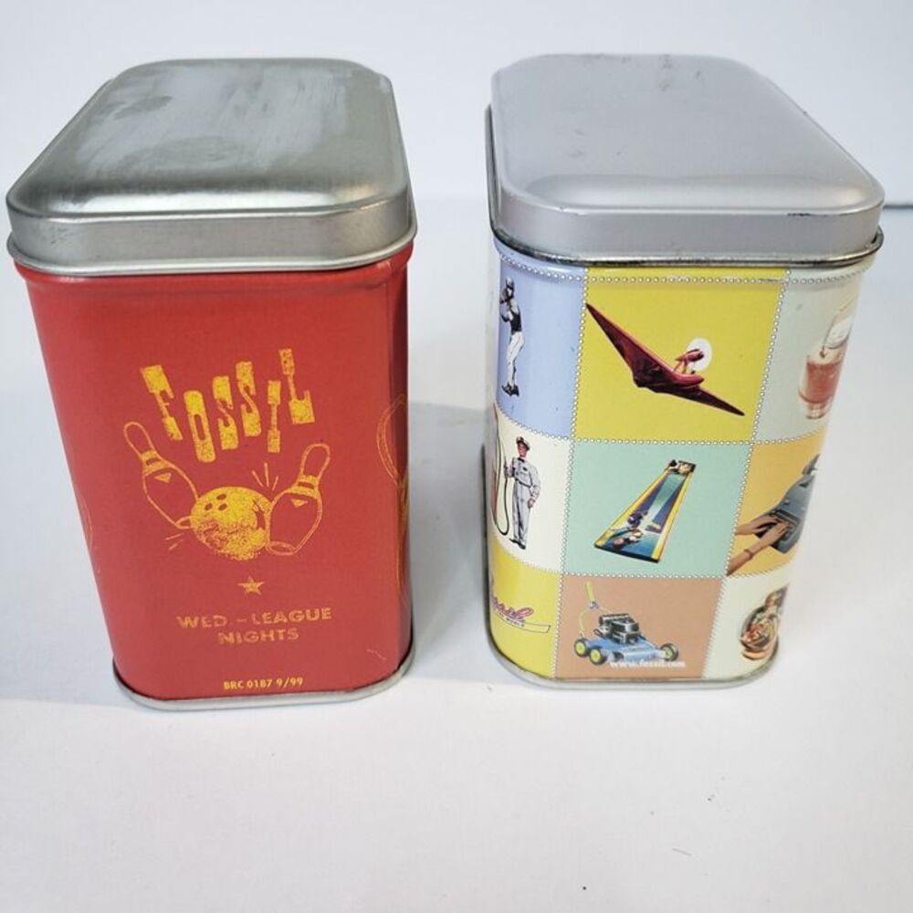 Lot of 2 Vintage Fossil Watch Tin Boxes Only Retro Art & Pete's Bowling NO WATCH - Picture 6 of 8